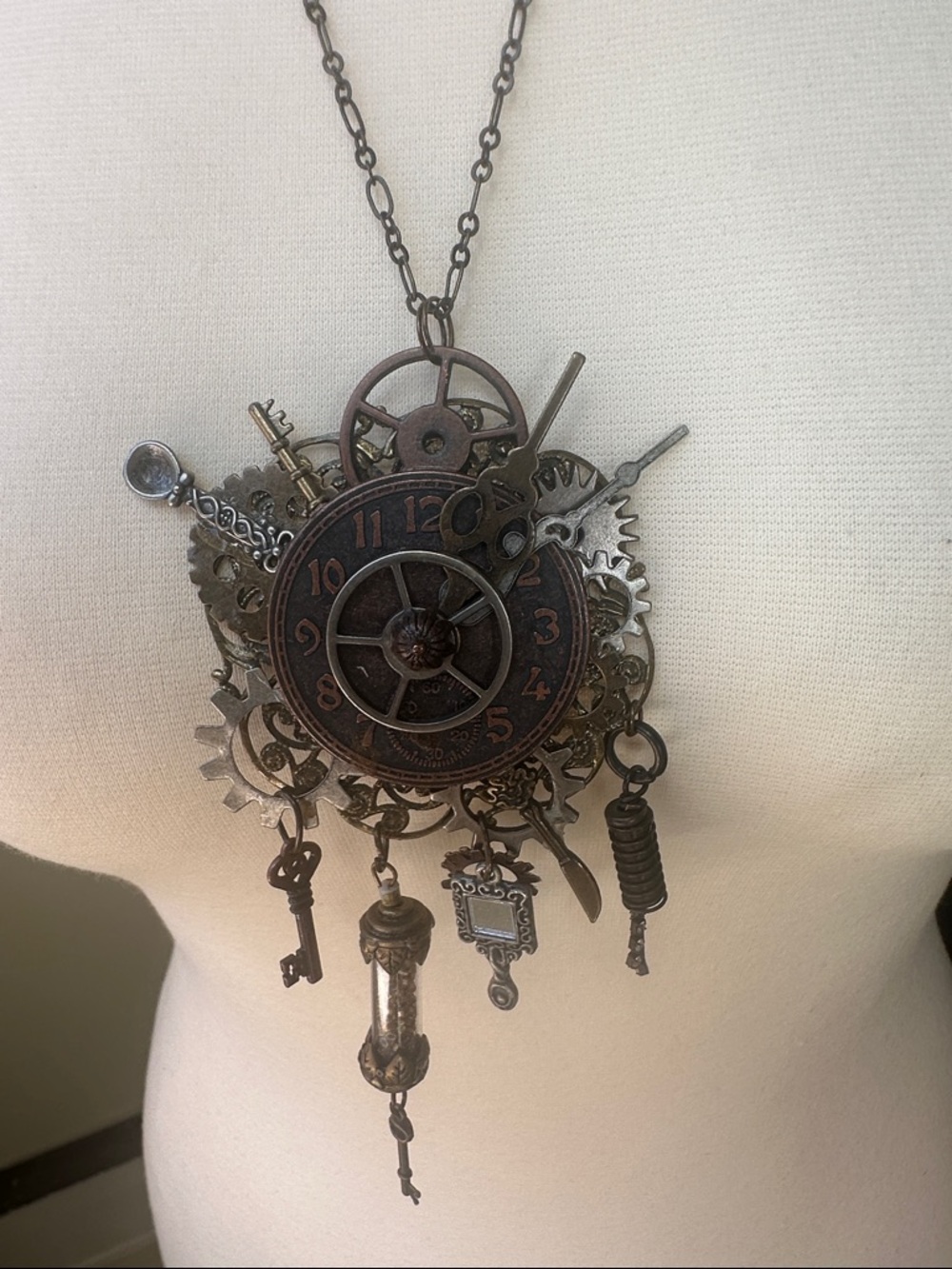 Handmade Steampunk Necklace with Gears, Clocks, and Mirrors – Vintage-Inspired